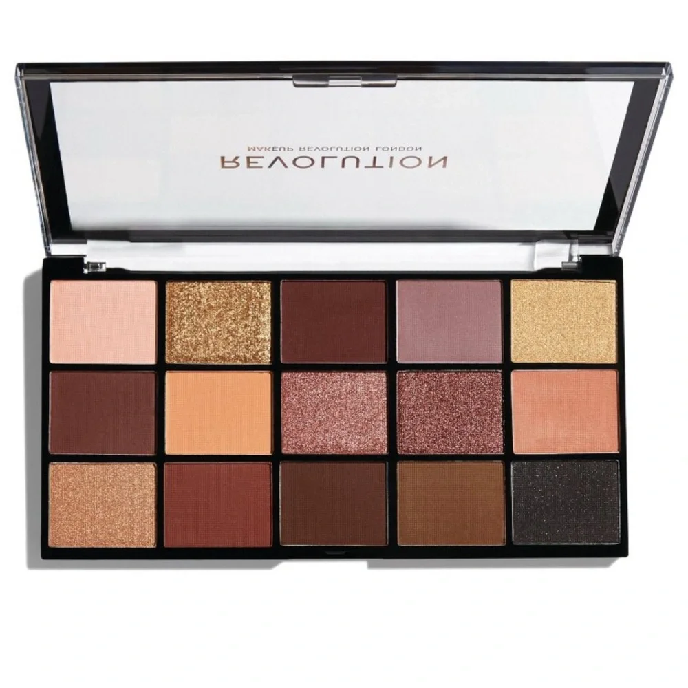 Makeup Revolution Eyeshadow Palette - Shimmering Gold, Deep Brown, and Soft Pink